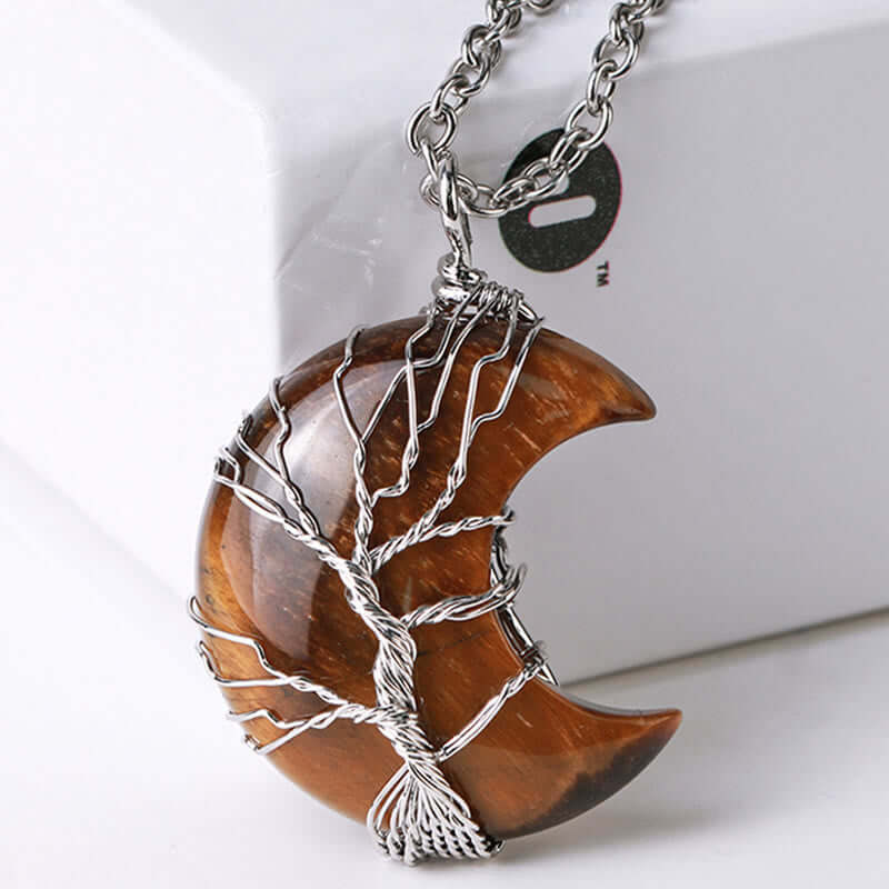 Natural Quartz Crystal Moon Tree Of Life Healing Energy Necklace Pendant