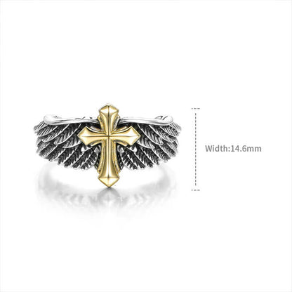 Vintage Men's Angel Feathered wings Cross Rings