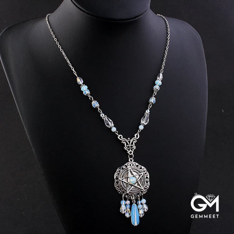 Witch Gothic Pentagram Opalite Star Crystal Beads Necklace