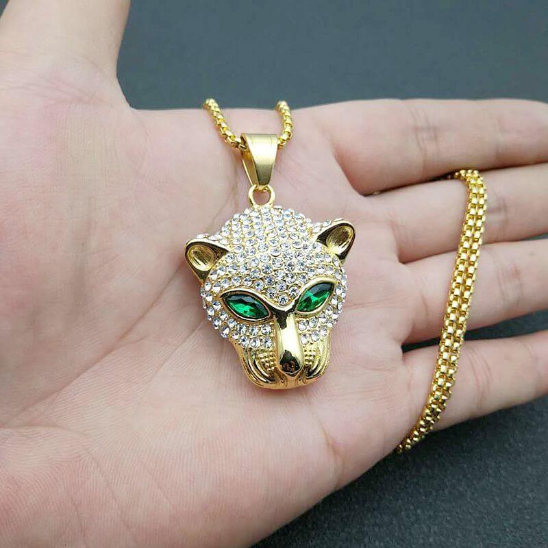 New Hip-hop Stainless Steel Inlaid Green Red Synthetic Cubic Zirconia Eyes Leopard Head Pendant for Men and Women