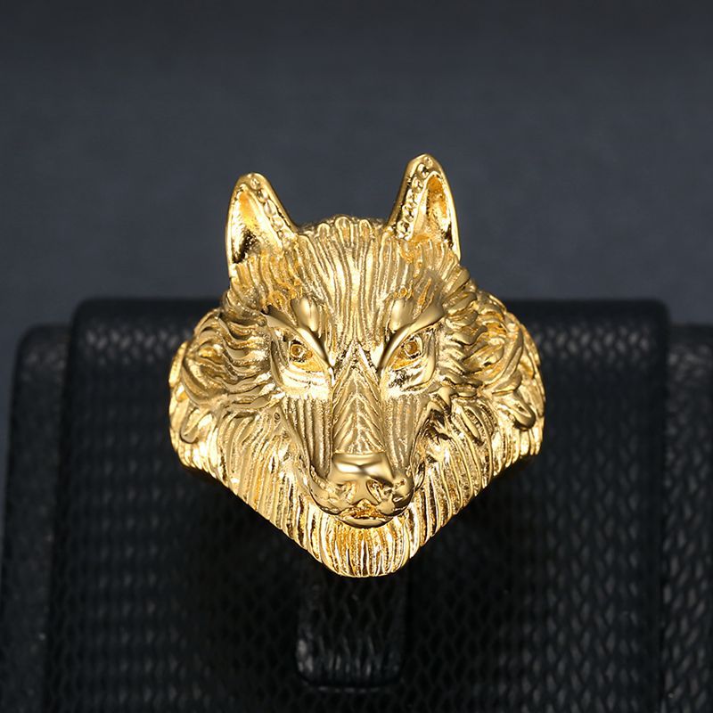 Hip Hop Jewelry Gold Plated Wolf Head Men's Ring