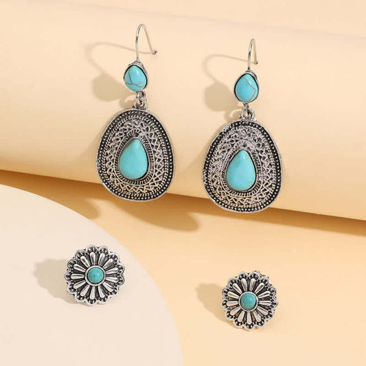 Vintage Flower Turquoise 2 - Pairs Earrings Set