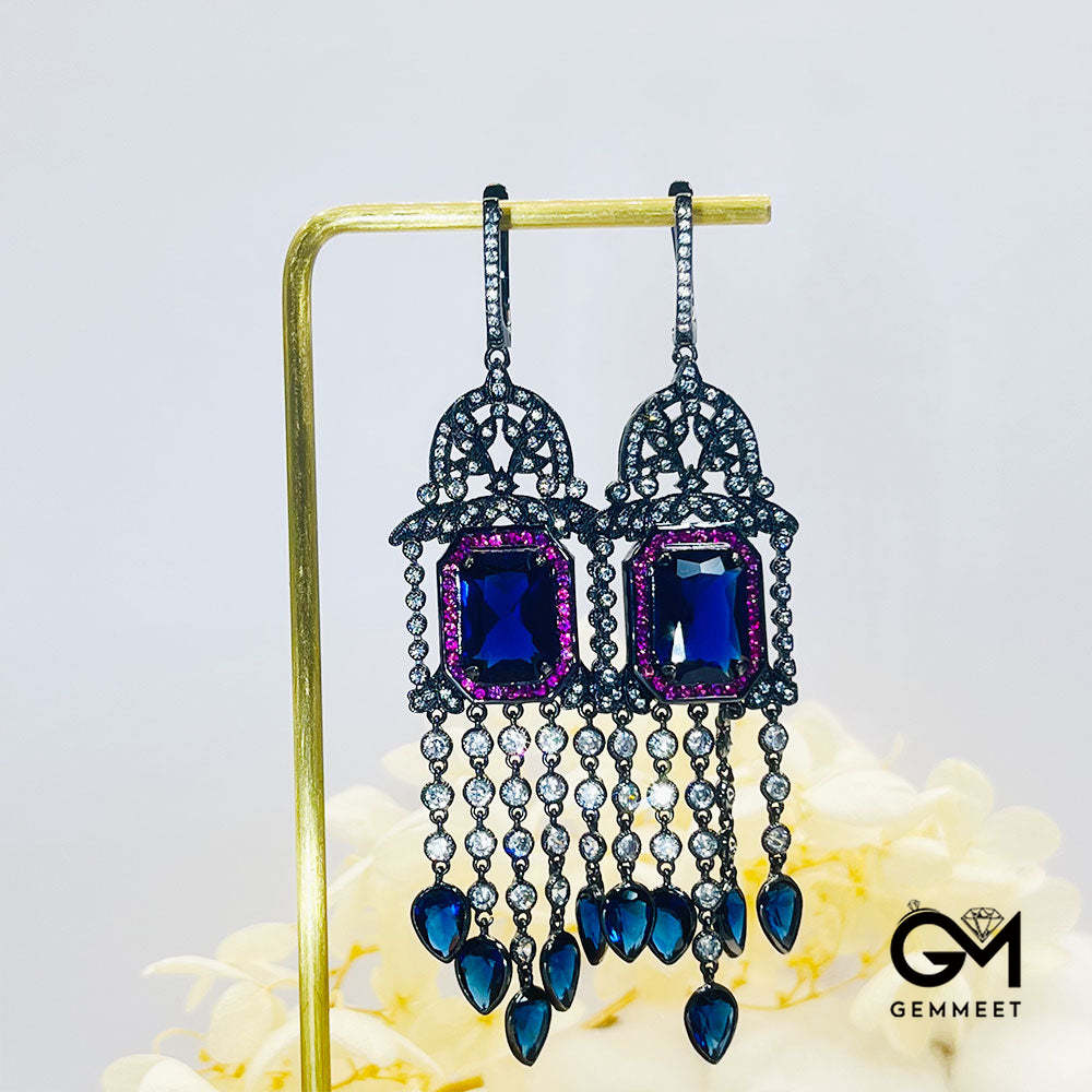 Square Hollow Blue Stone Tassel Drop Earrings