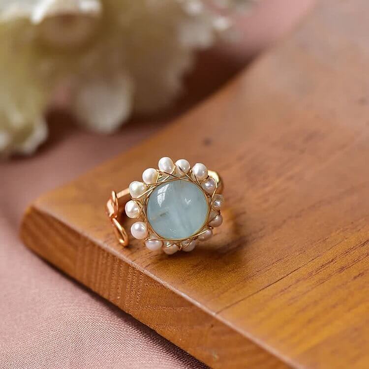 Aquamarine With Pearl Retro Ring