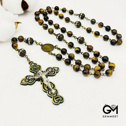 Tiger Eye Cross Pendant Rosary Necklace