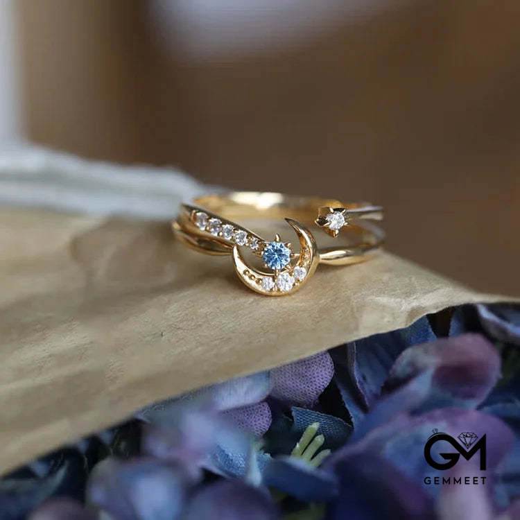 Gold Double Layer Blue Gem Moon And Star Ring