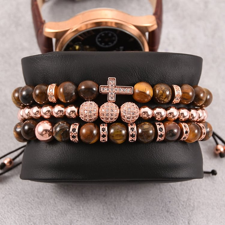 3Pcs/Set Tiger Eye Stone Beaded Men Cross Bracelet