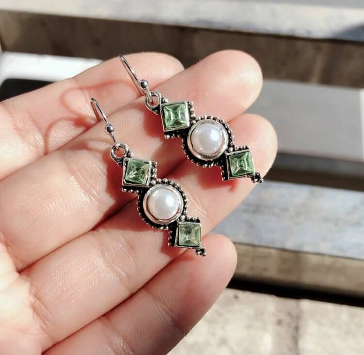 Vintage Thai Silver Pearl Emerald Earrings