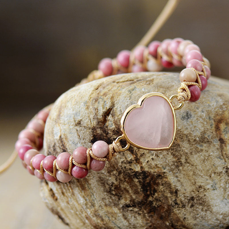 Heart Shape Rose Quartz Natural Stone Beaded Bracelet