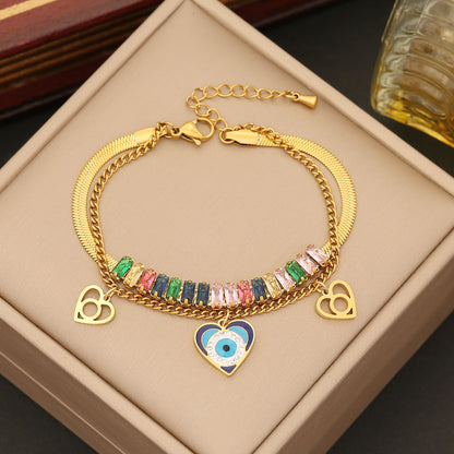 Heart Evil Eye Color Stones Bracelet Necklace & Earrings