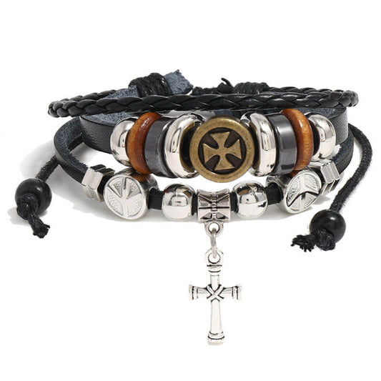 Creative Handmade Beaded Cross Leather Bracelet Retro Trend Multilayer Men's Bracelet