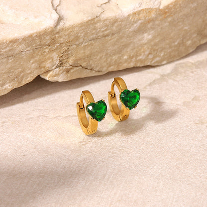 Heart Shape Green & Pink Crystal Hoop Earrings