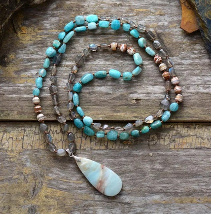 Amazonite Labradorite Agate Crystal Stone Mala Pendant