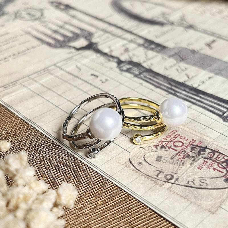 Light Luxury Twine Pearl Adjustable Size Gold and Silver Two-color Ring