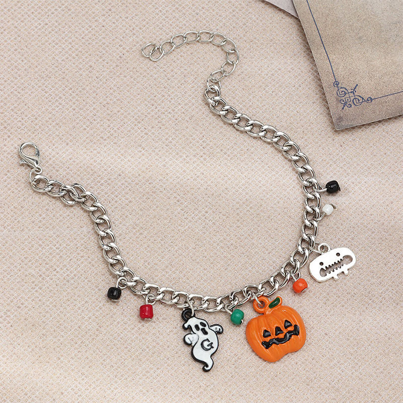 Halloween Punk Chunky Chain Pumpkin Imp Skull Pendant Bracelet