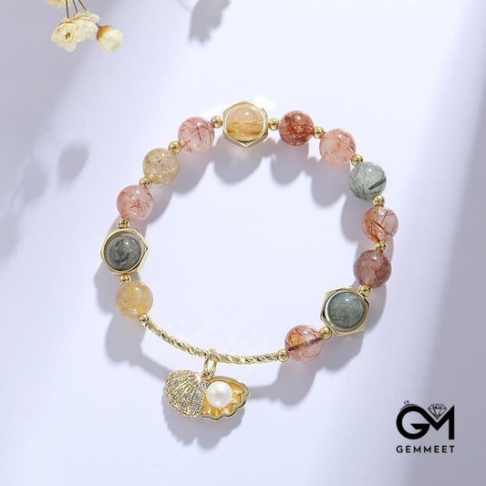 Colorful Rutilated Quartz Beaded Shell Pendant Bracelet