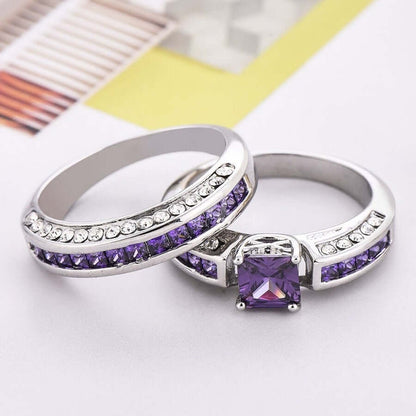 Amethyst White Zircon Ring Set Pair of Rings