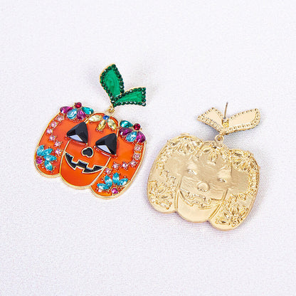 Halloween Creative Fashion New Alloy Inlaid Zircon Oil Drip Pumpkin Head Earrings