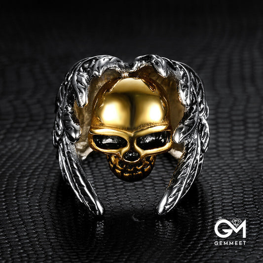 Titanium Steel Gold Skull Wing Ring