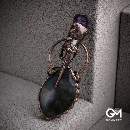 Copper Hummingbird Head Amethyst Labradorite Gemstone Necklace