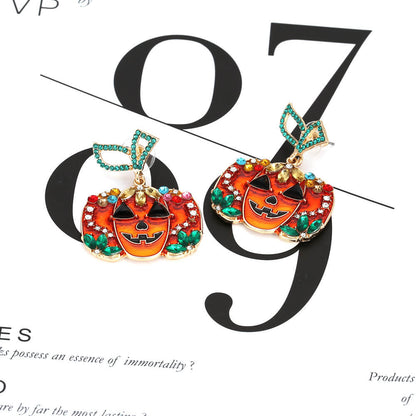 Halloween Exaggerated Full-studded Zircon Skull Jack-o-lantern Earrings Retro Ghost Face Ghost Fashion Earrings