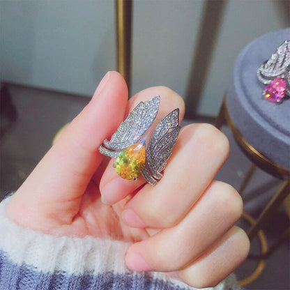 New Retro Simulation Emerald Open Ring Creative Angel Wings Colorful Treasure Ring