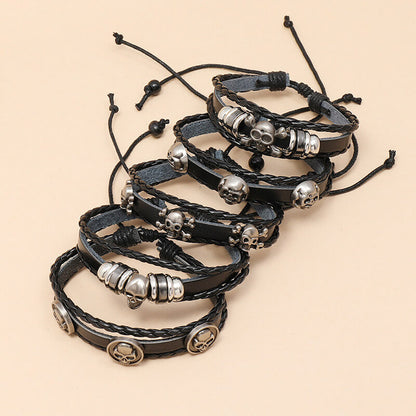 Handmade Beaded Leather Five-Piece Bracelet Skull Halloween Cowhide Bracelets