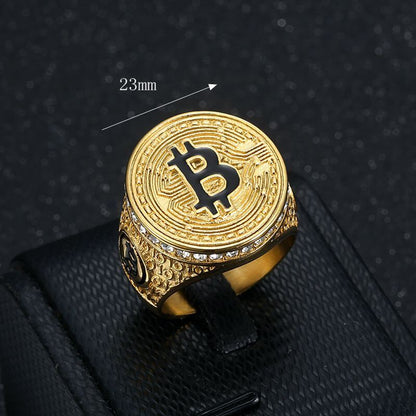 Hip-hop Ring Titanium Steel Gold-plated Inlaid Cubic Zirconia B Letter Bitcoin HIPHOP Men's Ring