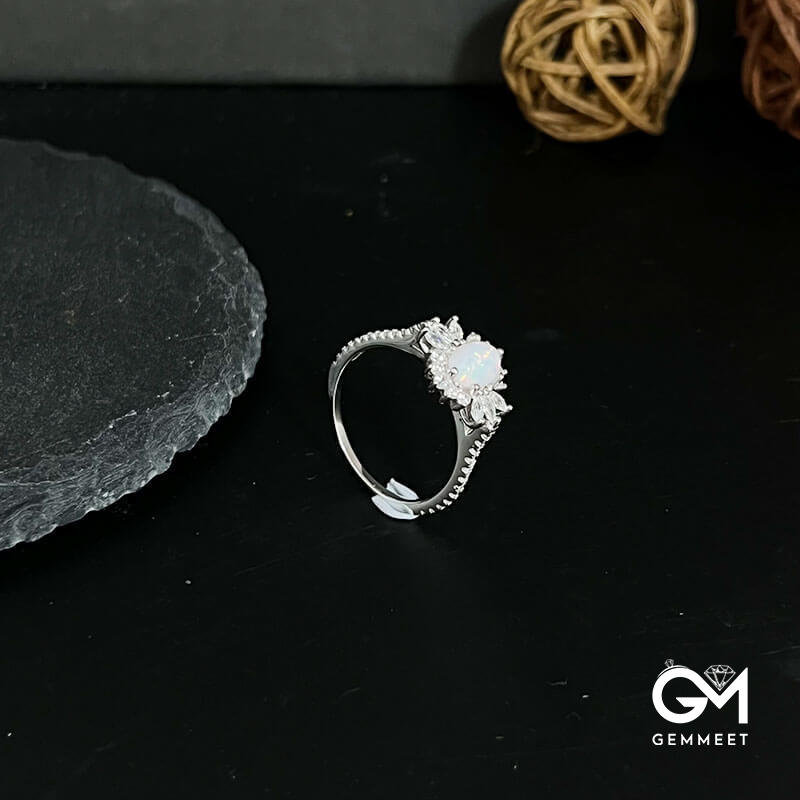 White Opal Sunflower 925 Silver Ring