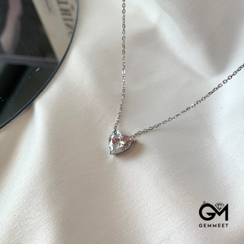 S925 Sterling Silver White Heart-shaped Zircon Necklace