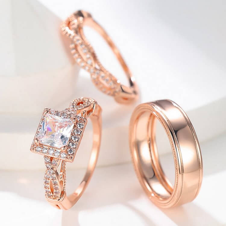 Rosegold White Zircon 3 Piece Ring Set