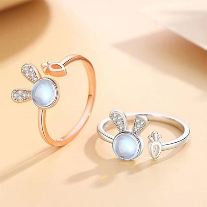 Cute Little Rabbit Carrot Moonstone Open Ring