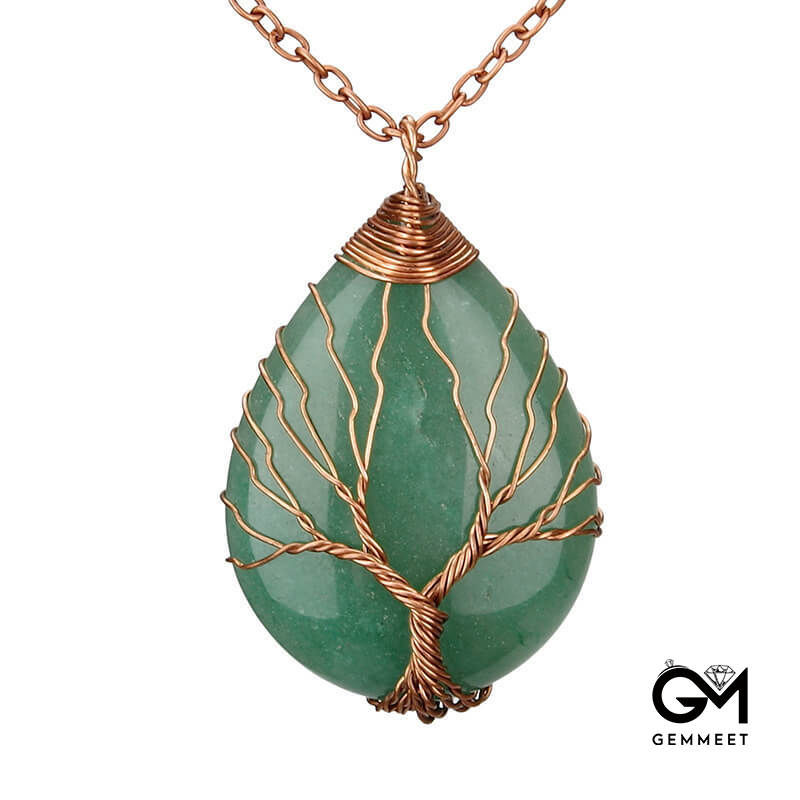 Wrapped Silk Tree of Life Green Aventurine Water Drop Necklace