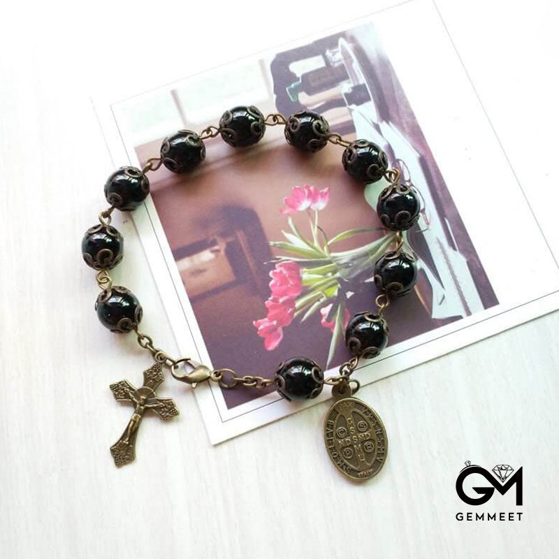 Obsidian Holy Medal Cross Pendant Rosary Bracelet