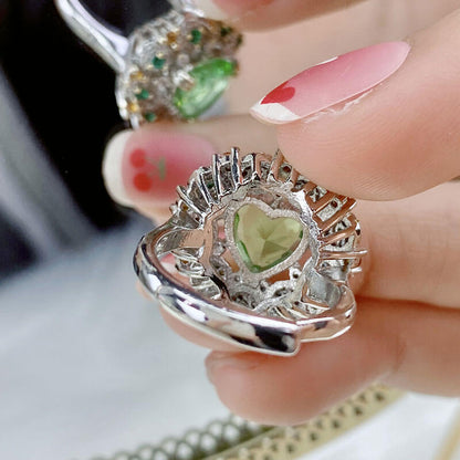 Imitation Green Peridot Ring Micro-inlaid Peridot Heart-shaped Small Fragrance and Colorful Treasure Ring