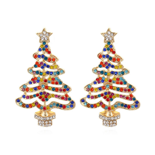 Christmas New Exaggerated Hollow Full Inlaid Zircon Christmas Tree Earrings Exaggerated Creative Flower Stud Earrings