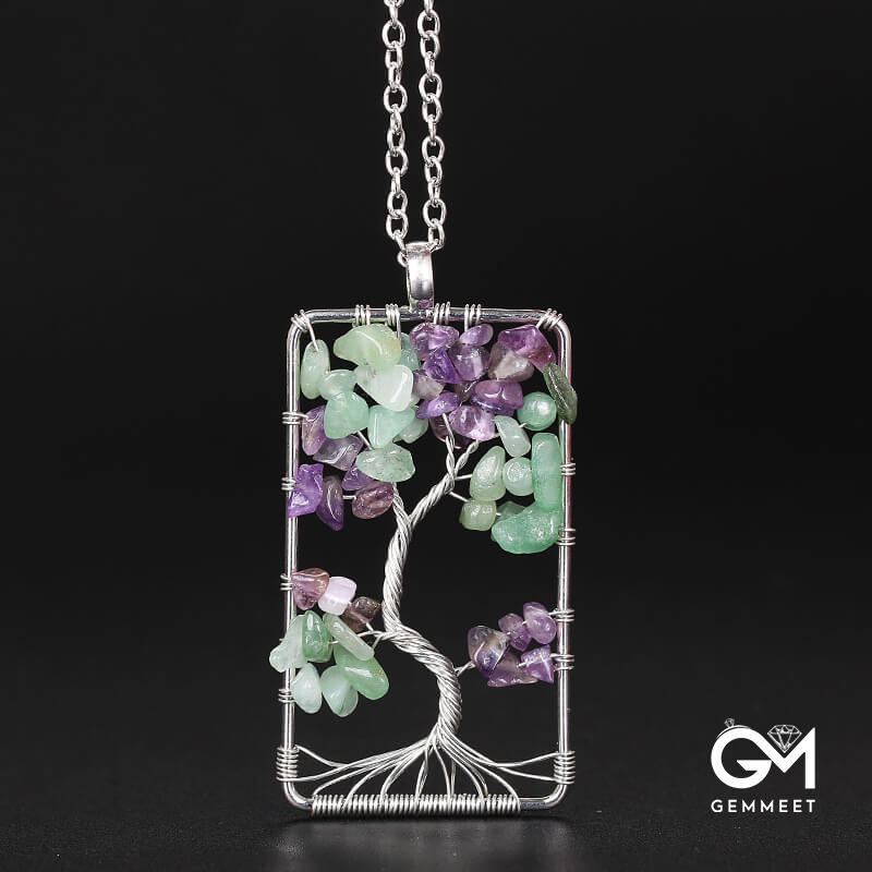 Rectangular Wrapped Tree of Life Crystal Necklace