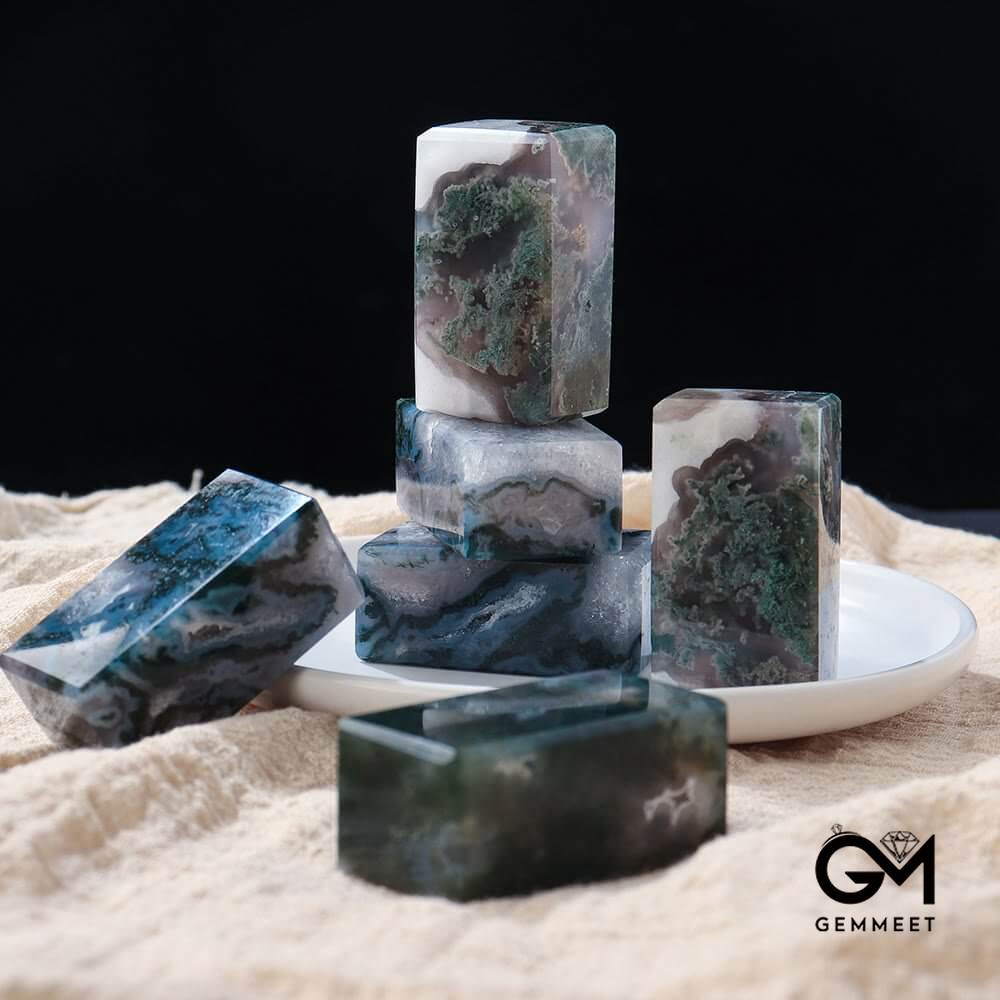 Moss Agate Geometric Cube Gemstone Decoration