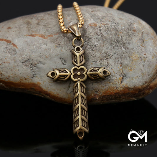 Vintage Stainless Steel Cross Flower Pendant Necklace