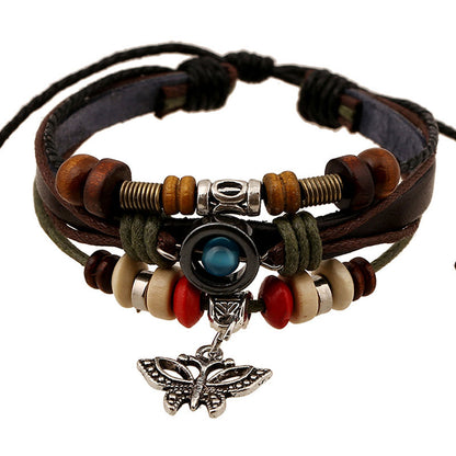 Beaded Cowhide Bracelet Multilayer Woven Vintage Butterfly Pendant Leather Bracelet