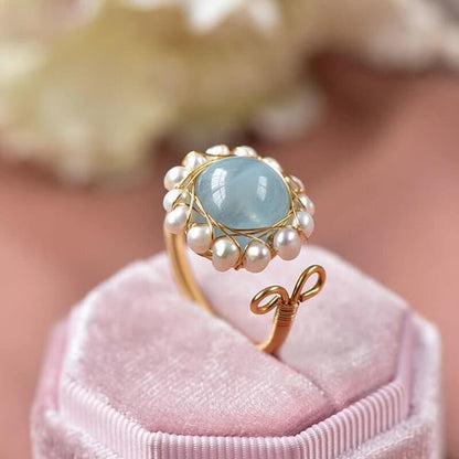 Aquamarine With Pearl Retro Ring