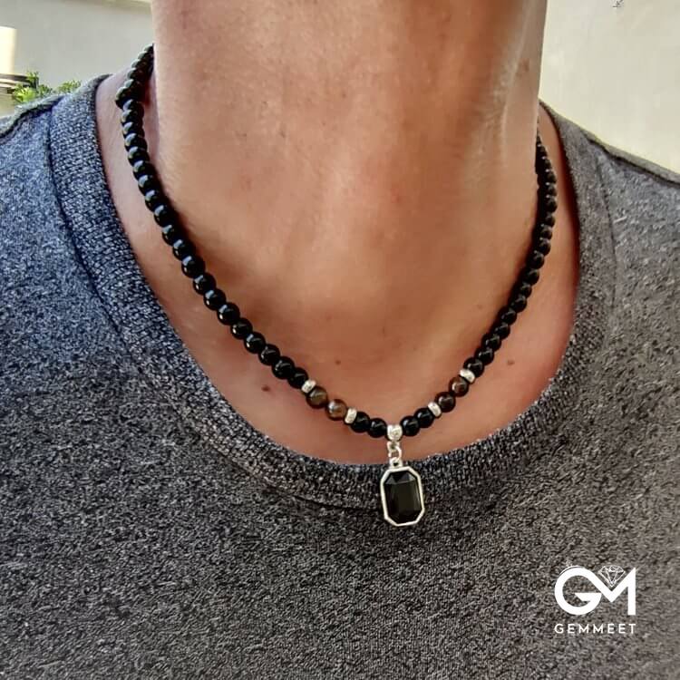 Tiger Eye Obsidian Beaded Men Titanium Steel Necklace