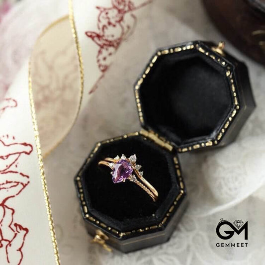 Teardrop Amethyst White Zircon Ring Set