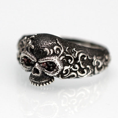 Vintage Engraved Small Skull Red Eye Ring