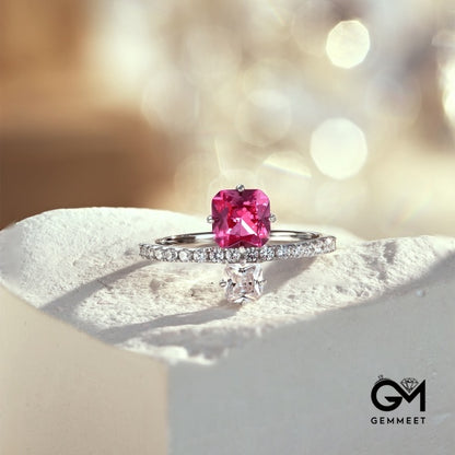 S925 White Rose Red Square Zircon Ring