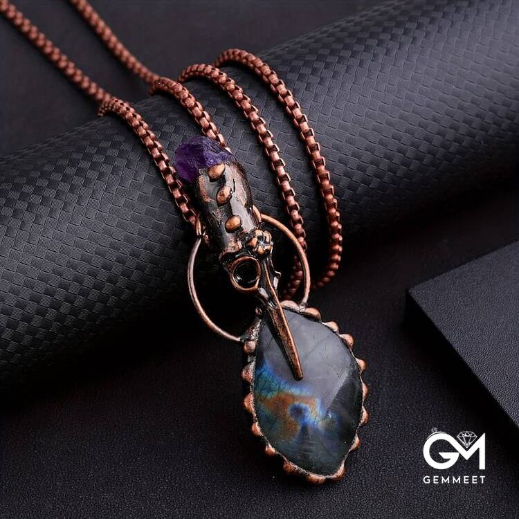 Copper Hummingbird Head Amethyst Labradorite Gemstone Necklace