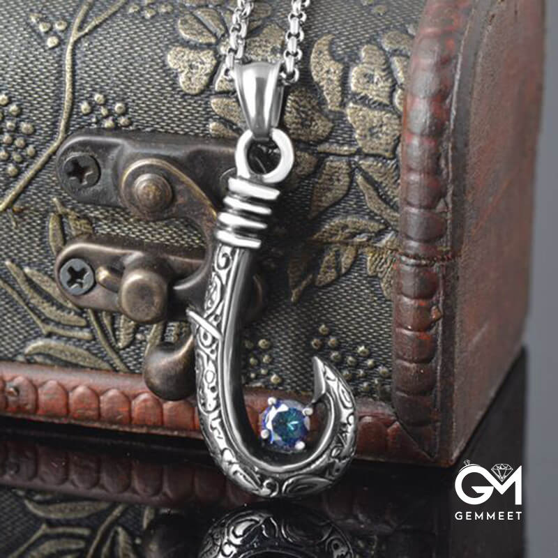 Stainless Steel Fishing Hook Blue Zircon Necklace