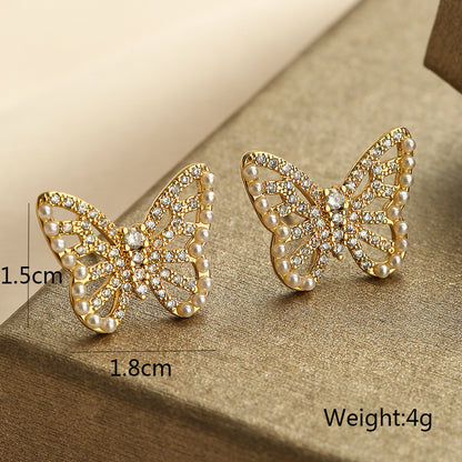 Cute Hollow Butterfly Pearl & Full Stones Stud Earrings