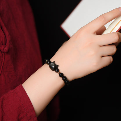 Silver Obsidian Cat Head Bracelet