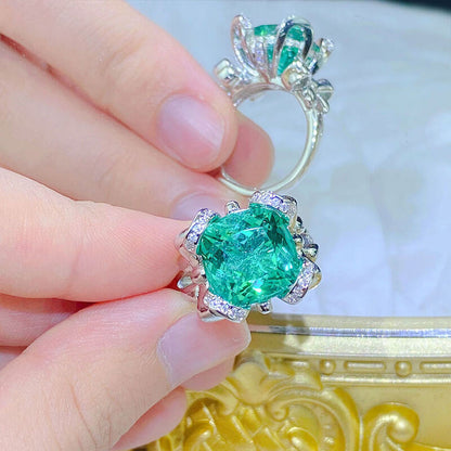 Light Luxury Topaz Blue Ring Large Carat Imitation Emerald Amethyst Yellow Diamond Colorful Treasure Bow Open Ring